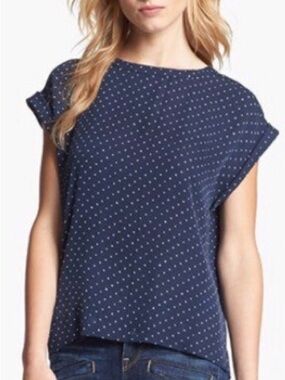 Theory Sorcha Silk Navy Blue Stars Star Rolled Short Sleeve Blouse Top Shirt P